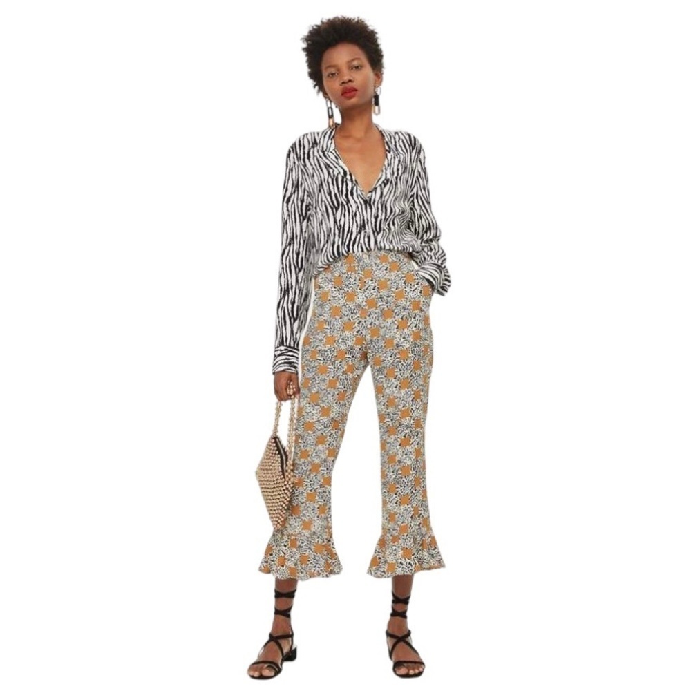 Topshop Leopard Spot Crop Pants Women’s 6 High Waist‎ Frill Hem